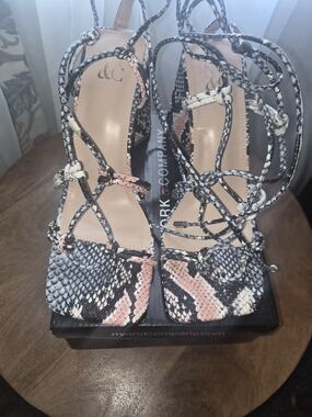 New York & Company Women's Pink Snake-Print Strappy Heels
